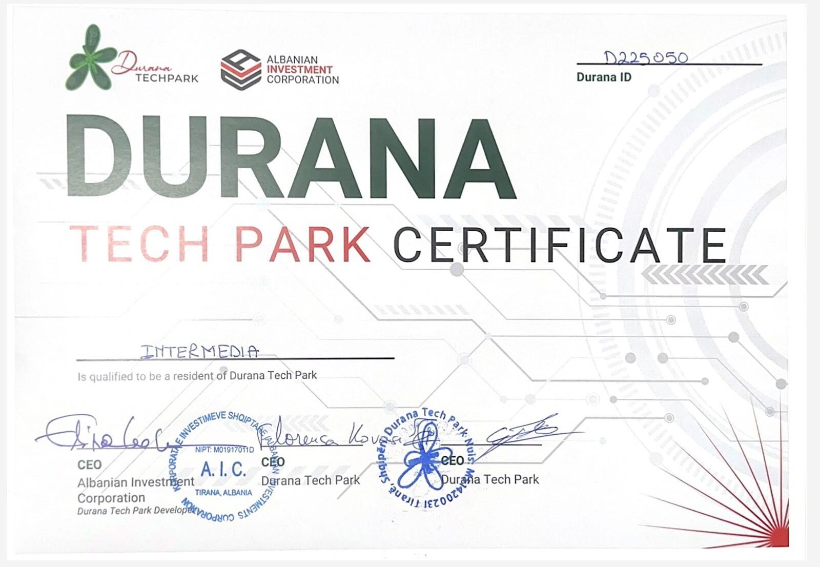 Durana Tech park  Certeficat
